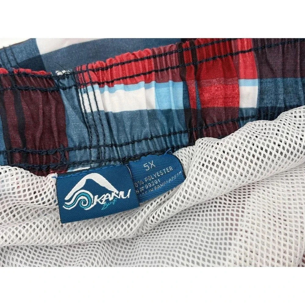 Kanu Surf Swim Trunks, Red/White/Blue Plaid Pattern,‎ Mesh Liner, Men's Size 5X